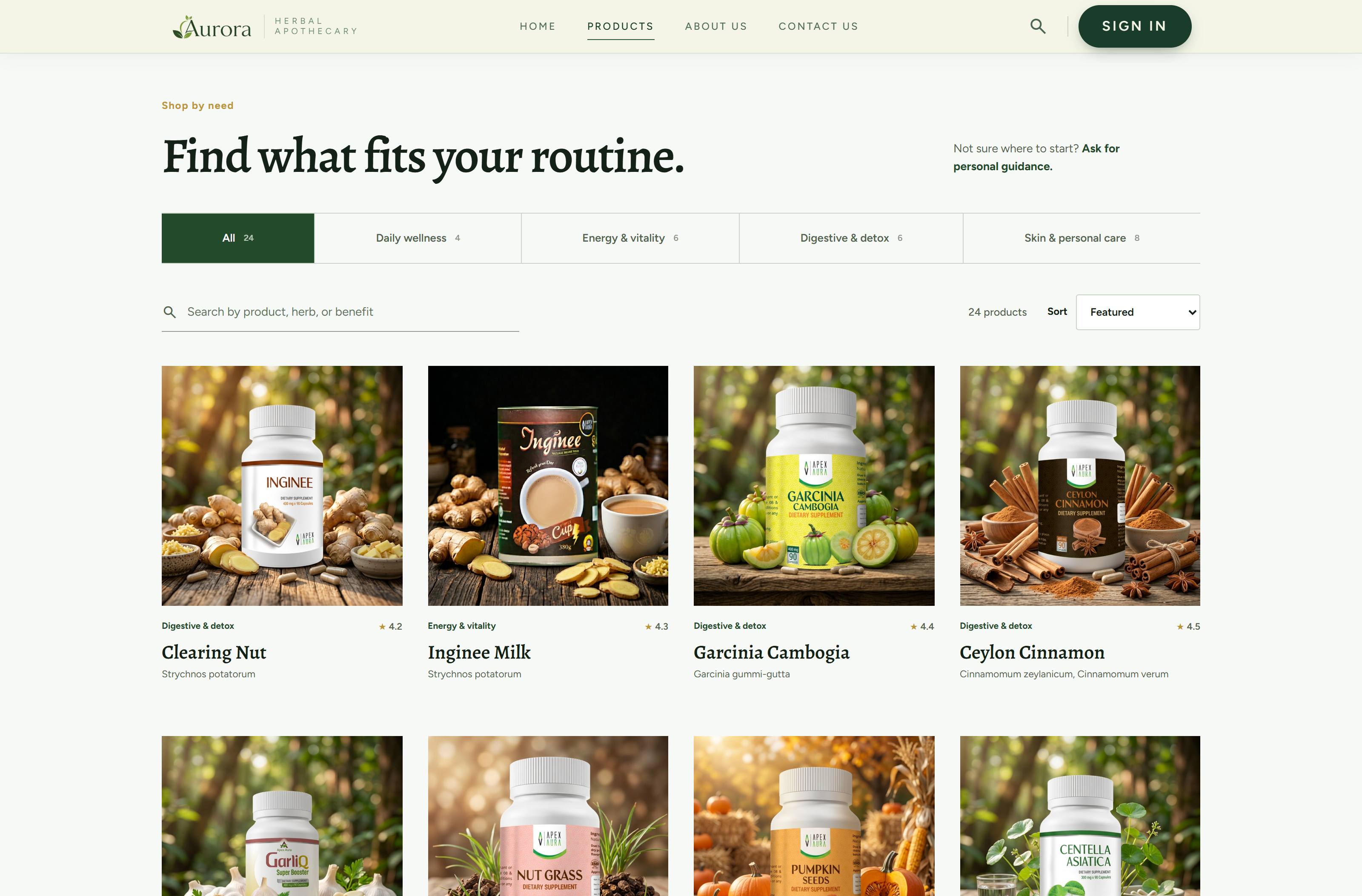 The Aurora products page: filters reading All 24, Daily wellness 4, Energy and vitality 6, Digestive and detox 6, Skin and personal care 8, above a grid of supplement cards carrying a name and a botanical name and no price.