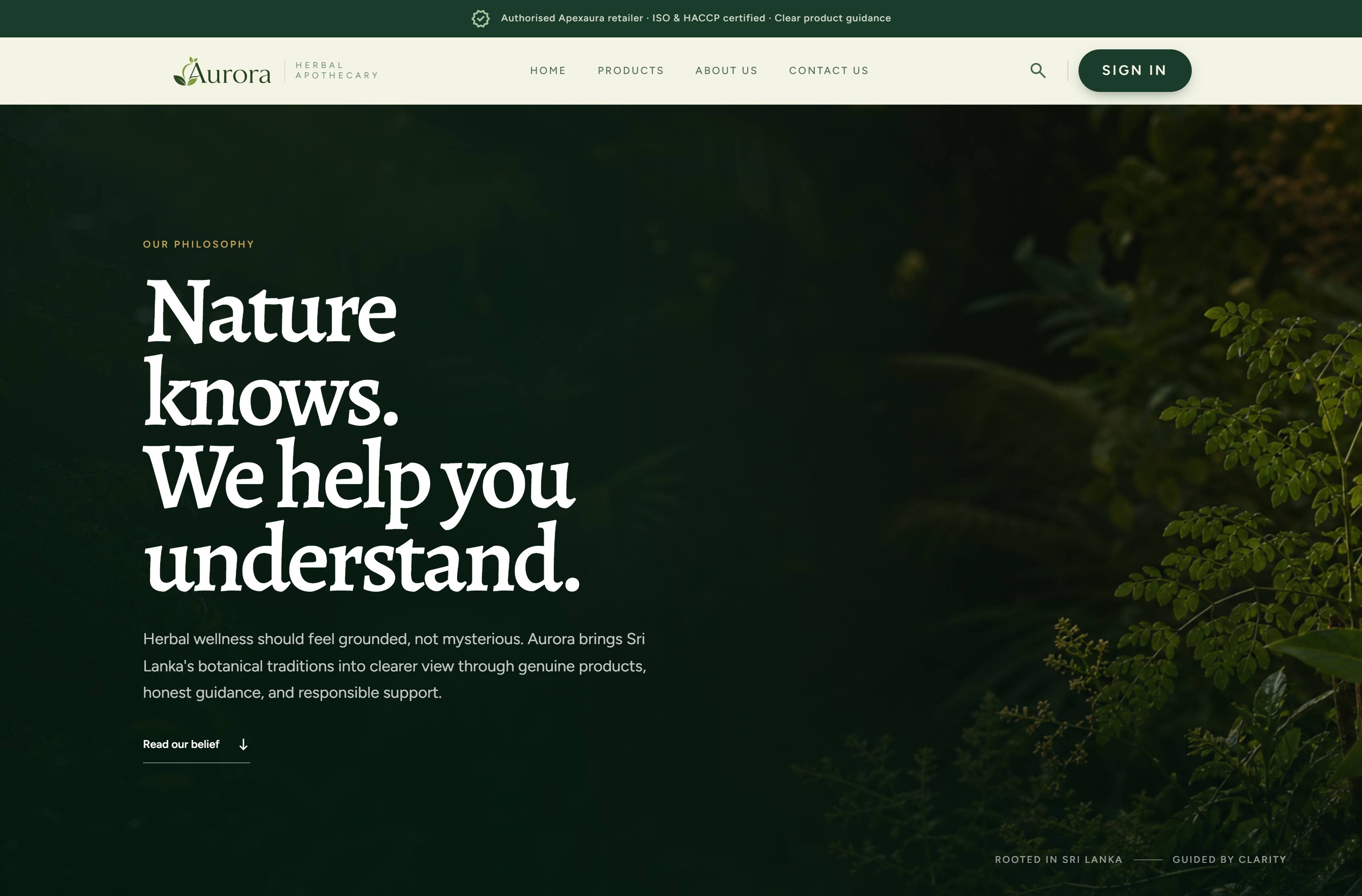 The philosophy page: “Nature knows. We help you understand.” set large in white over a dark photograph of Sri Lankan botanicals.
