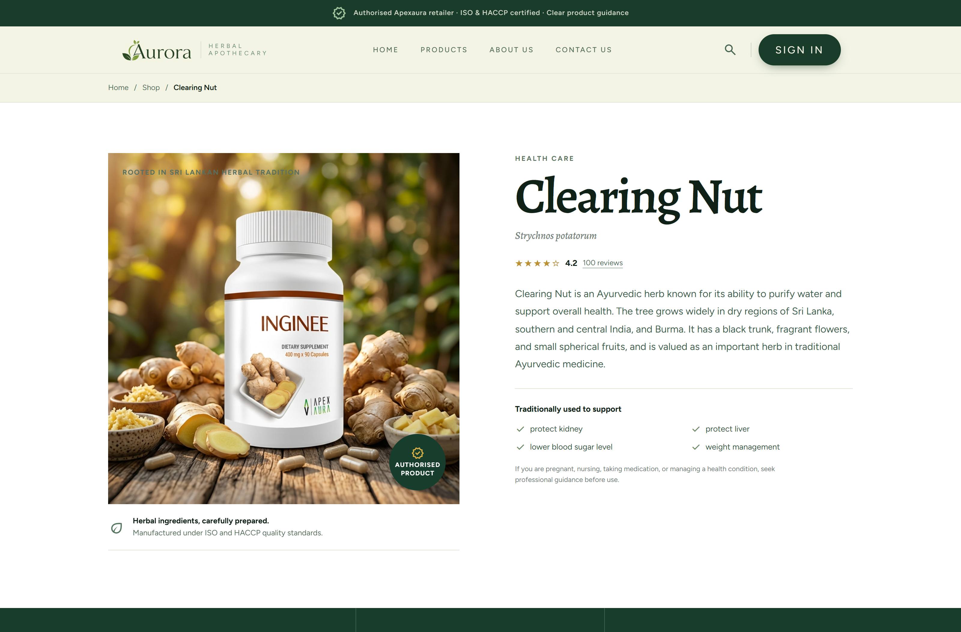 A product page for Clearing Nut, showing its botanical name, description, and traditional uses beside a photograph of the bottle.