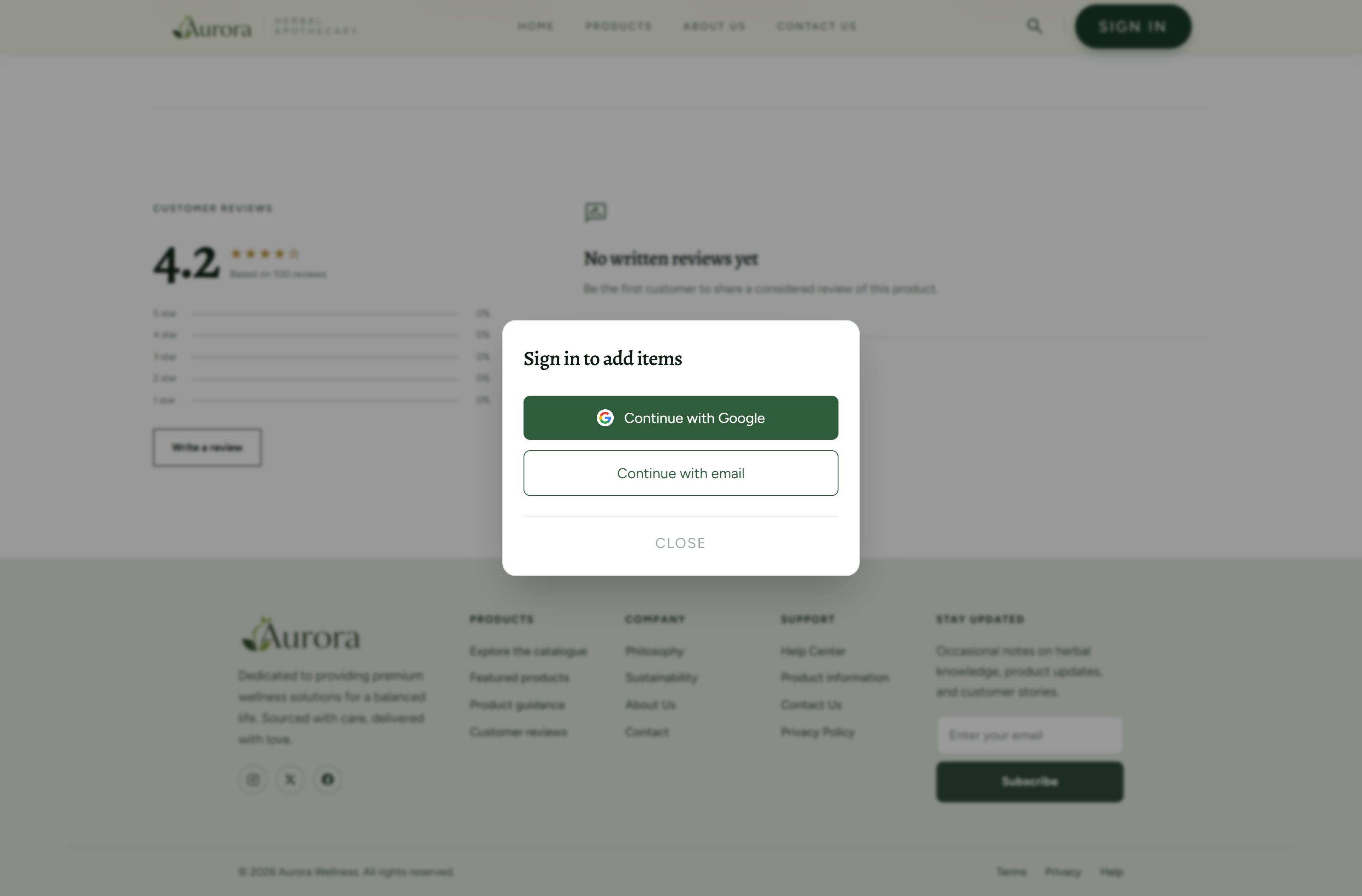 The product's review section with the sign-in dialog raised over it: writing a review requires an account, offering Google or email.