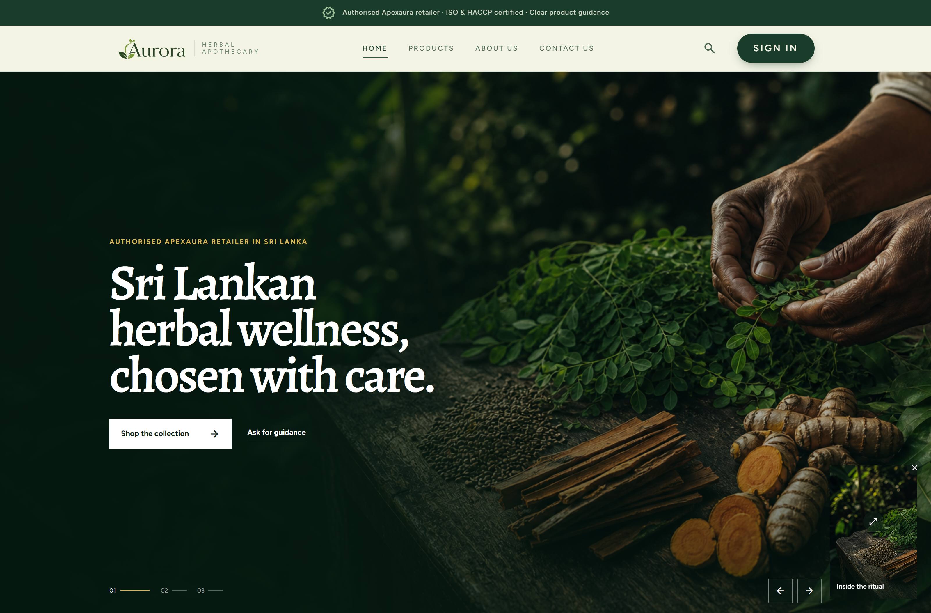 The Aurora home page: hands gathering fresh herbs over bark and turmeric, beside the line “Sri Lankan herbal wellness, chosen with care.”