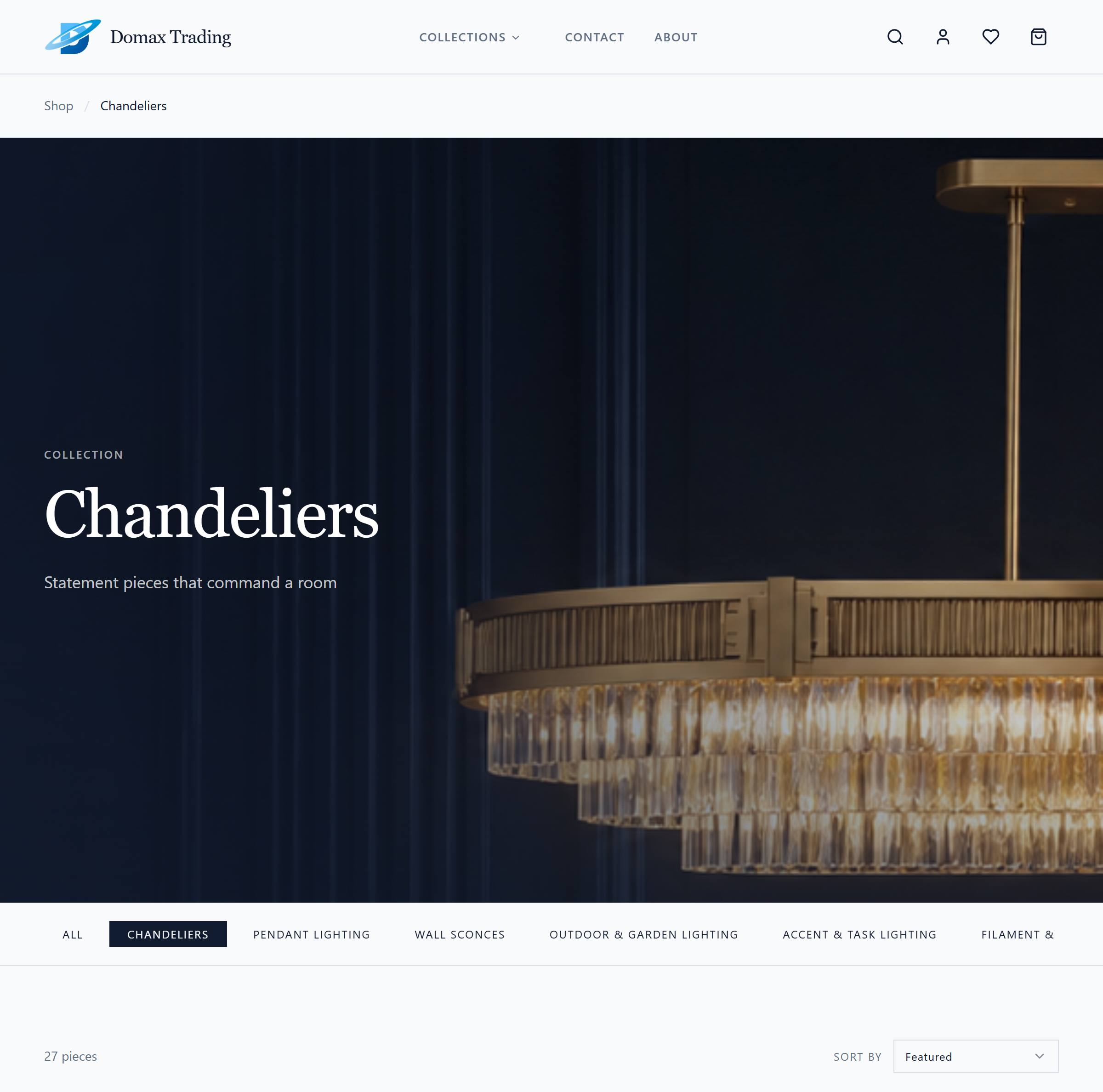 The Chandeliers collection page: a lit brass and crystal fitting across the header, the collection's own name and line under it, the other six collections along a tab row, and a count of 27 pieces.