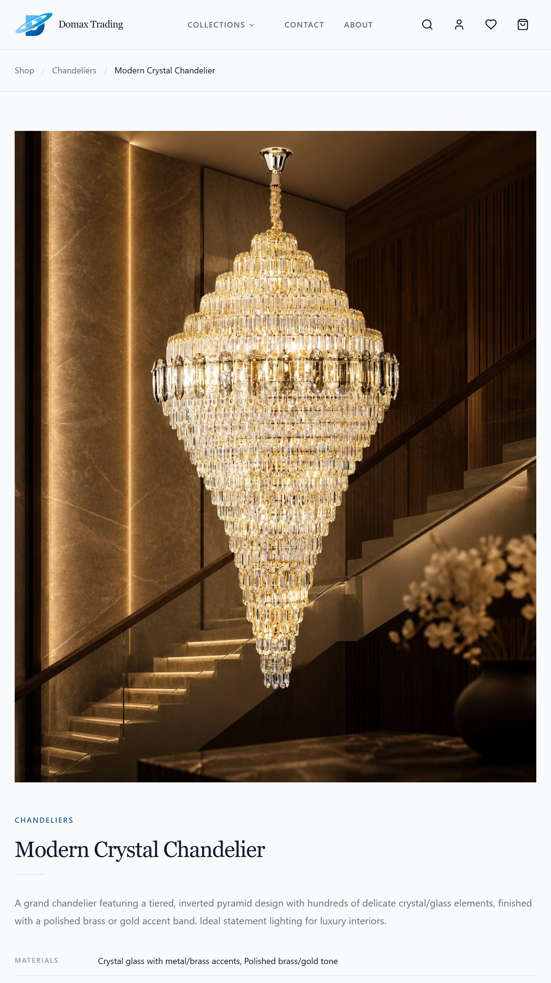A product page for a modern crystal chandelier: the piece large at the top, its price, specification and delivery terms below.