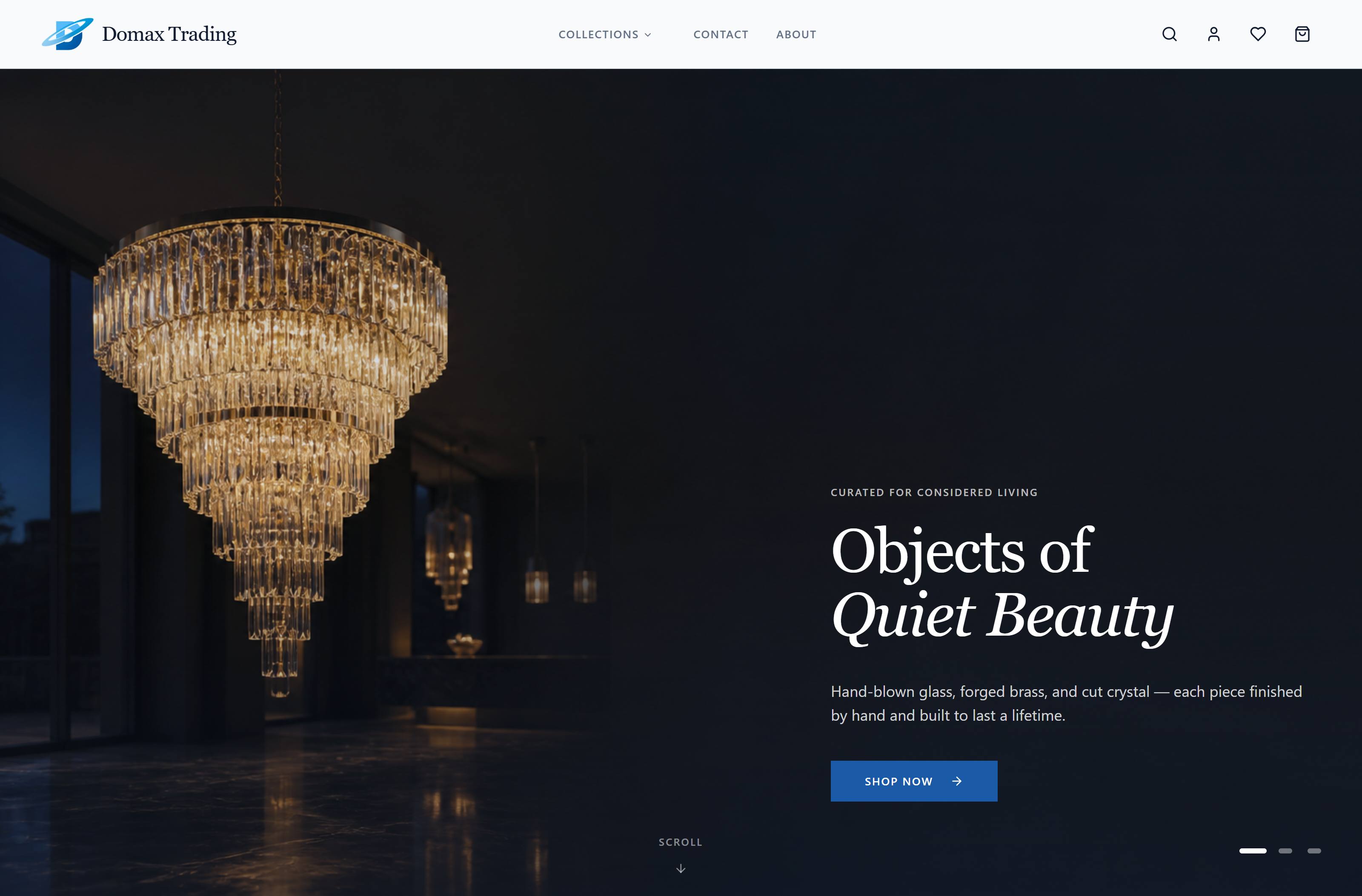 The Domax Trading home page: a lit crystal chandelier in a dark room, beside the line “Objects of Quiet Beauty”.