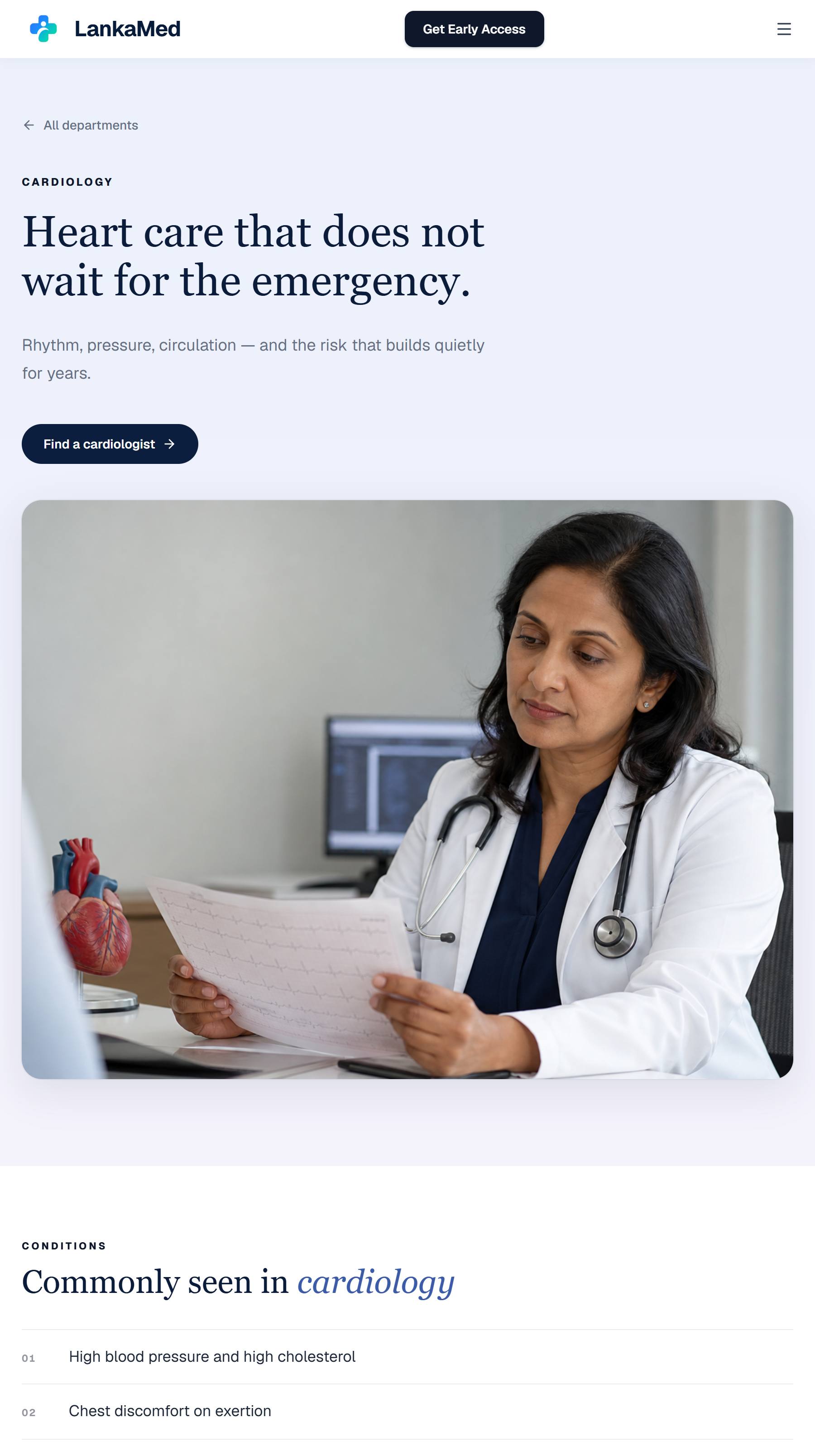 The Cardiology department page: what the specialty treats, the conditions it covers and the doctors listed under it.