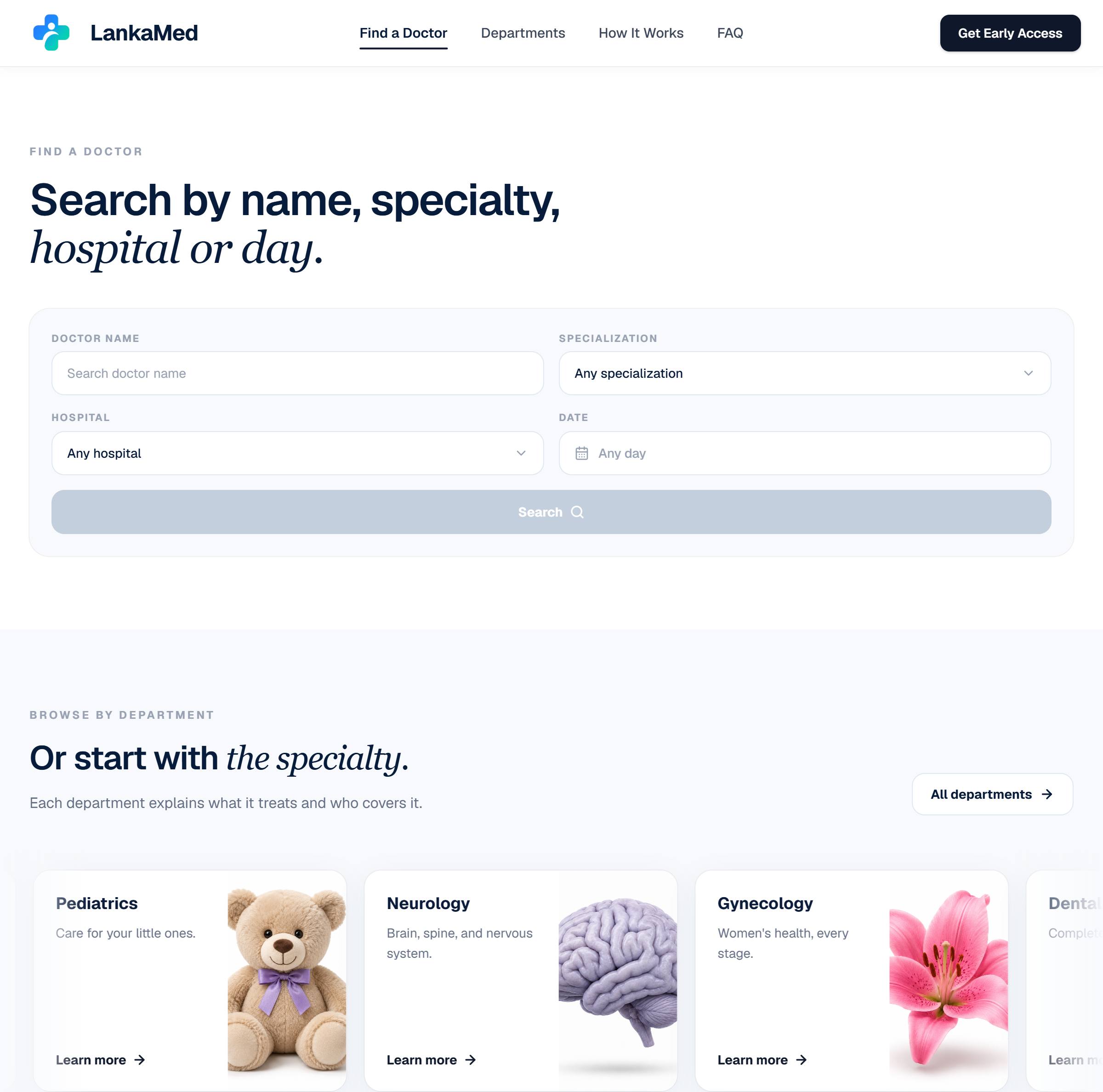 The Find a Doctor page: a search panel for doctor name, specialisation, hospital and date, over a row of department cards.