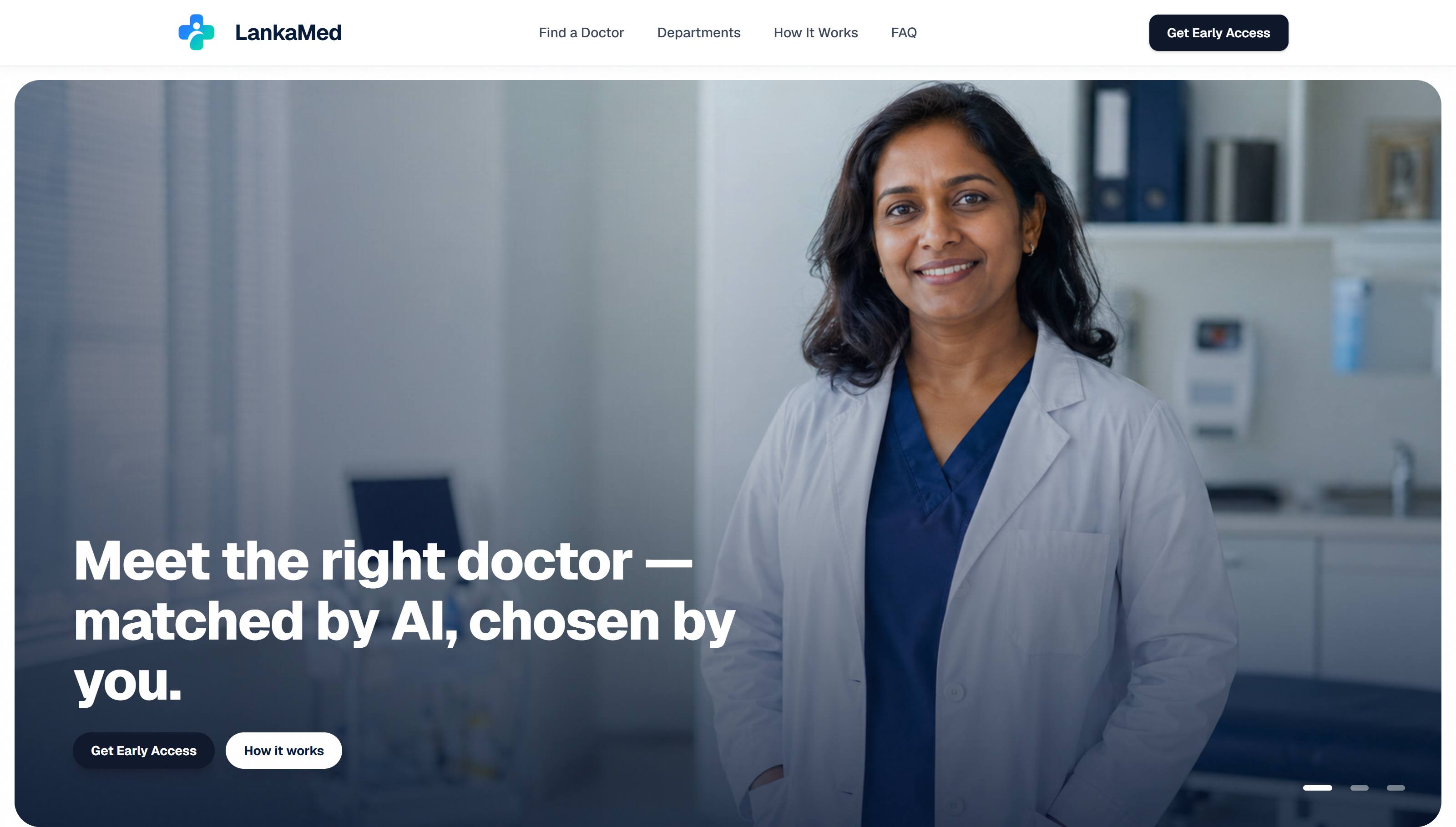 The LankaMed home page: a doctor in a consulting room beside the line “Meet the right doctor — matched by AI, chosen by you.”