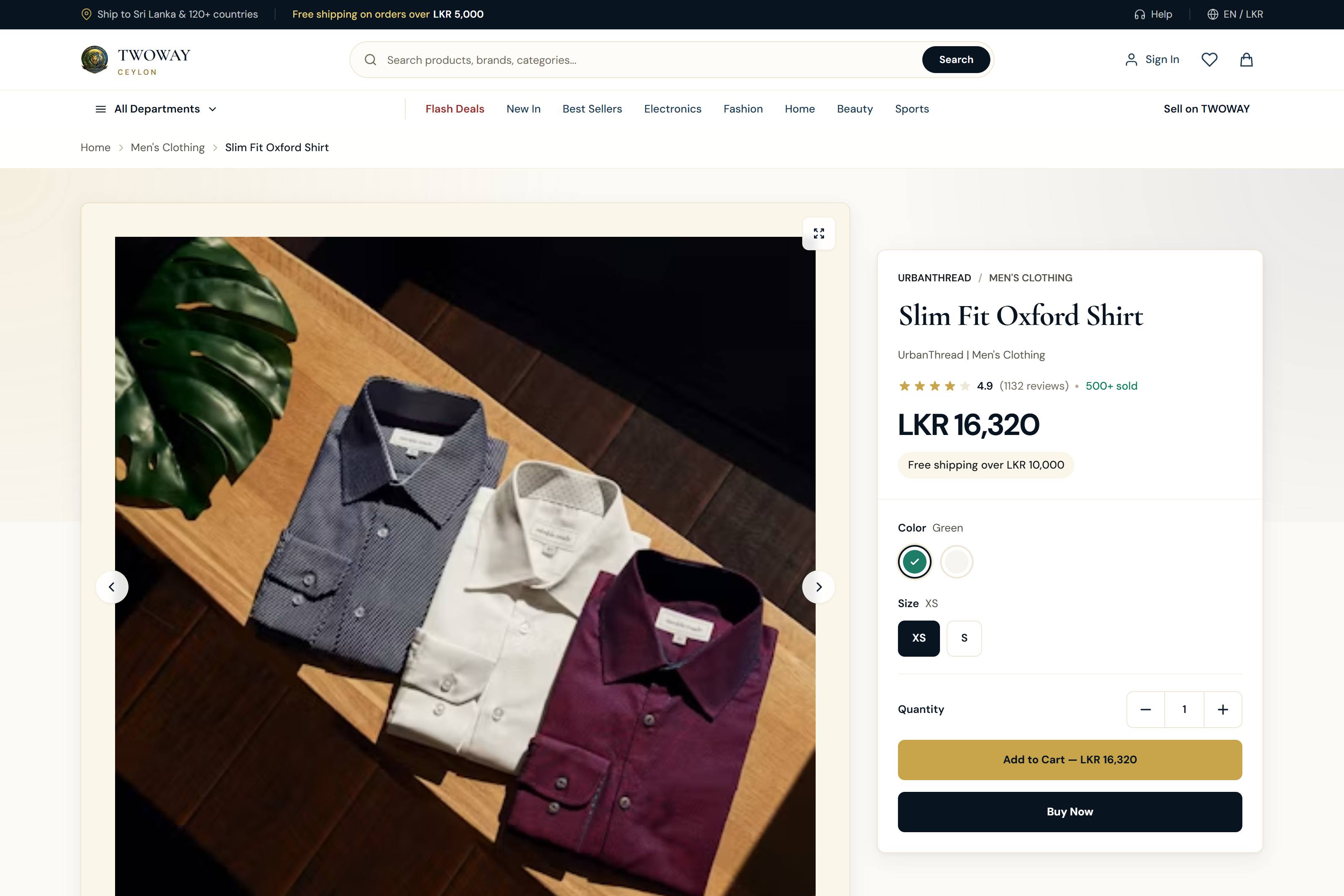 A product page: the gallery on the left, and on the right the price in rupees, colour and size, quantity, and add to cart.