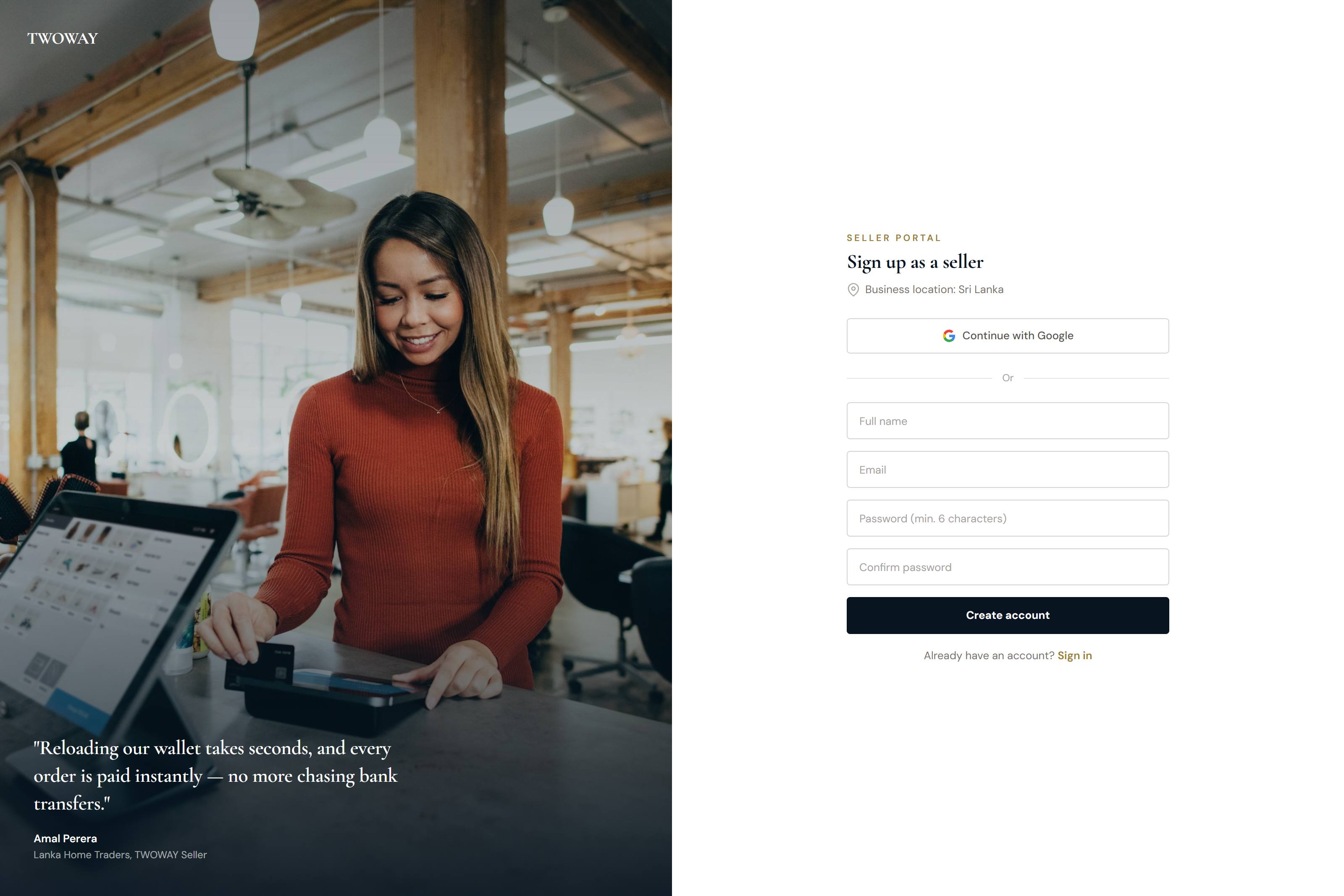The seller sign-up page: a business-location field and a create-account form, beside a seller's quote about instant payouts.