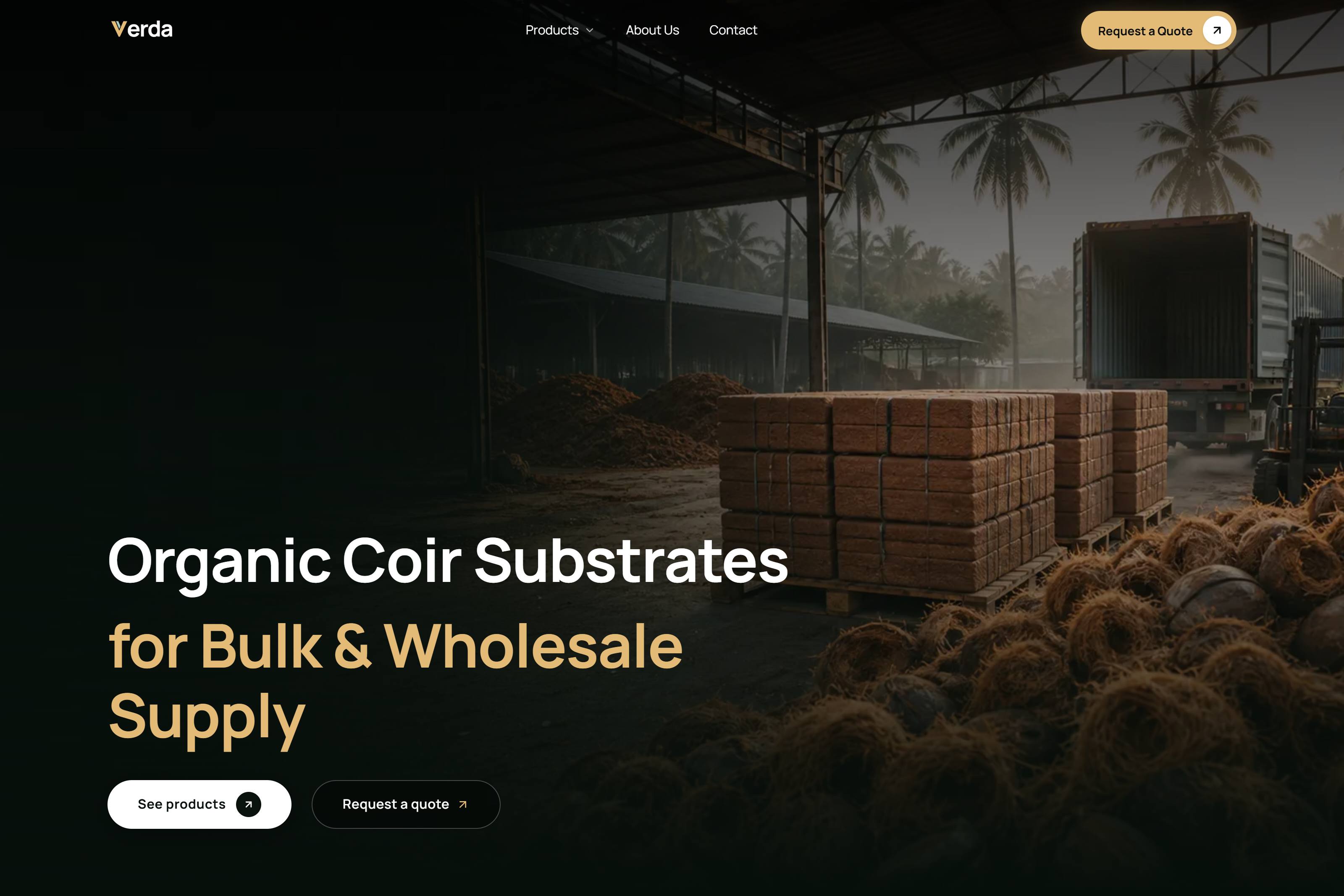 The Verda home page: pallets of baled coir under a warehouse canopy with palms behind, beside the line “Organic Coir Substrates for Bulk & Wholesale Supply”.