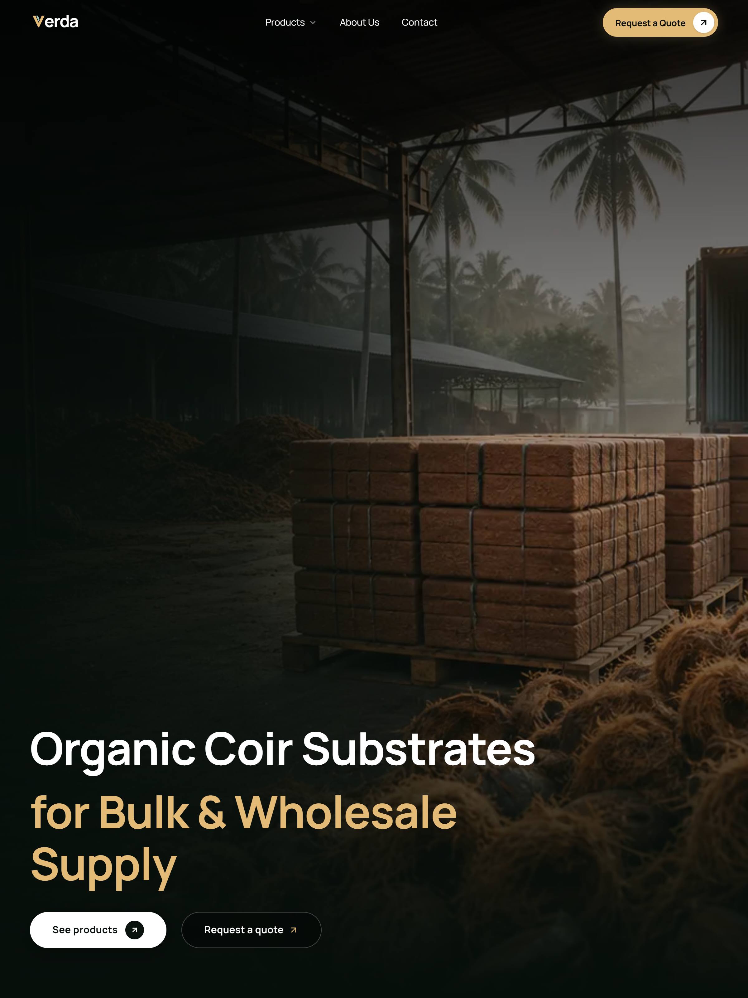 The Verda home page: pallets of baled coir under a warehouse canopy with palms behind, beside the line “Organic Coir Substrates for Bulk & Wholesale Supply”.