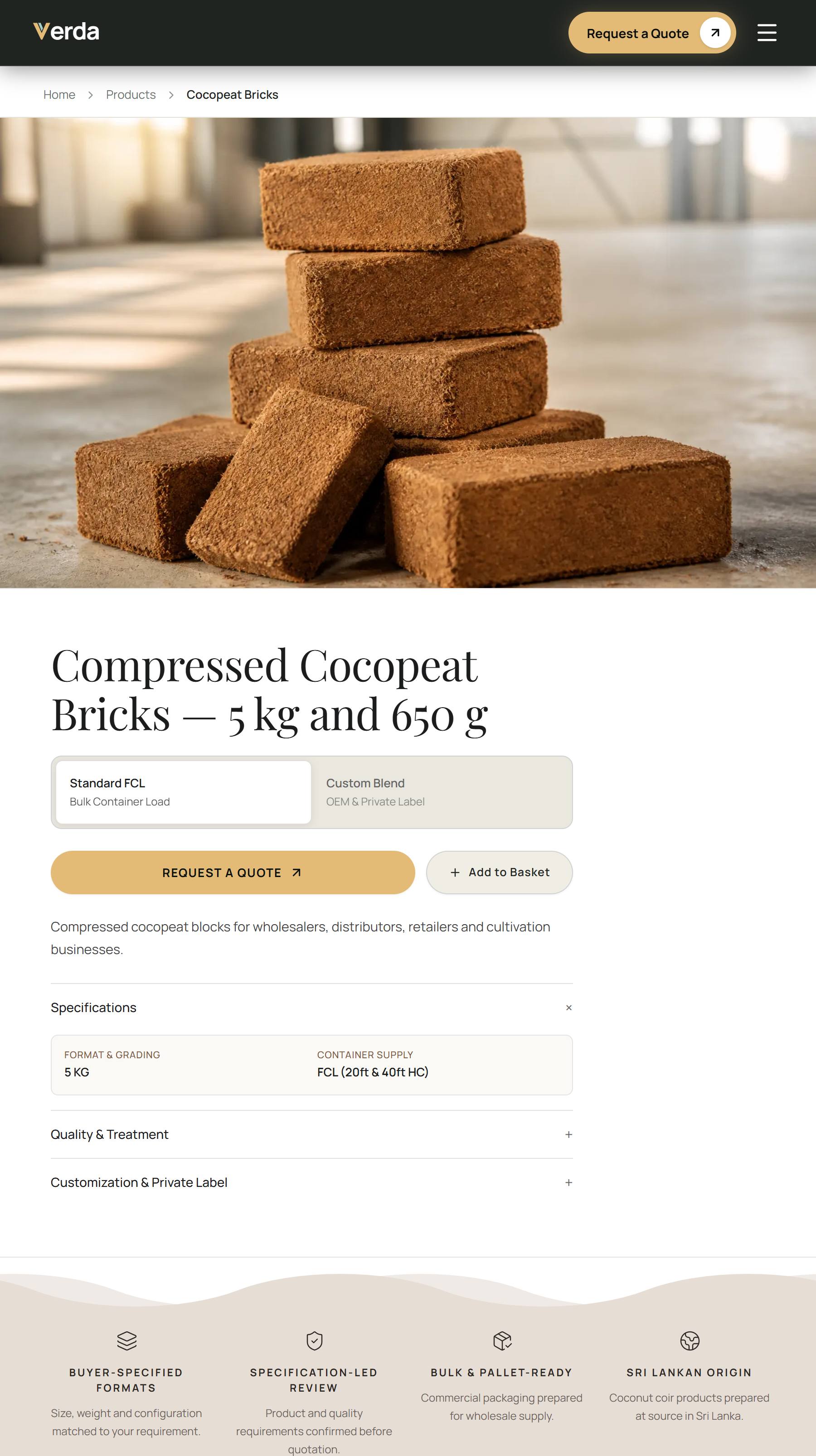The cocopeat bricks page: the product photographed large, with its specification, packing detail and a request-a-quote action beneath.