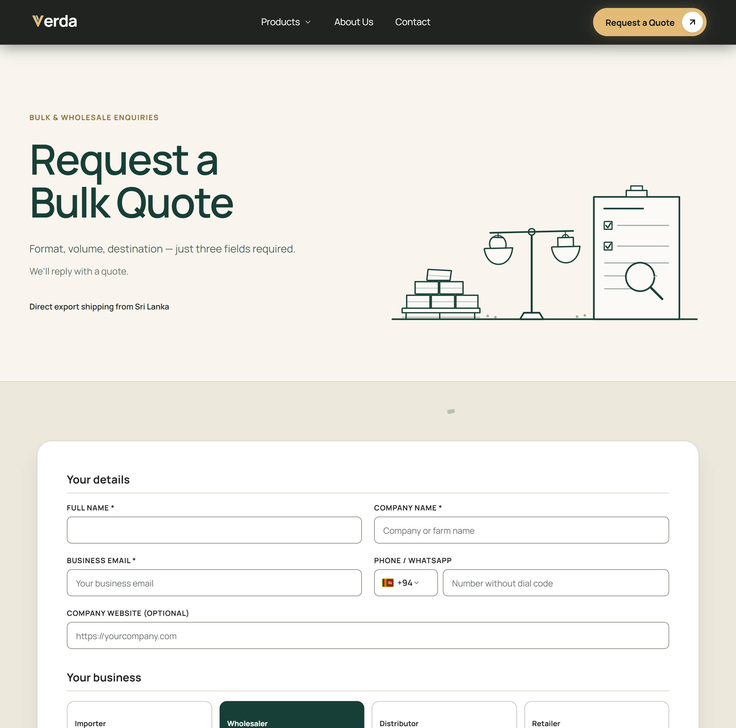 The request-a-quote page: “Format, volume, destination — just three fields required”, over a form that opens on the buyer's details and their business type.