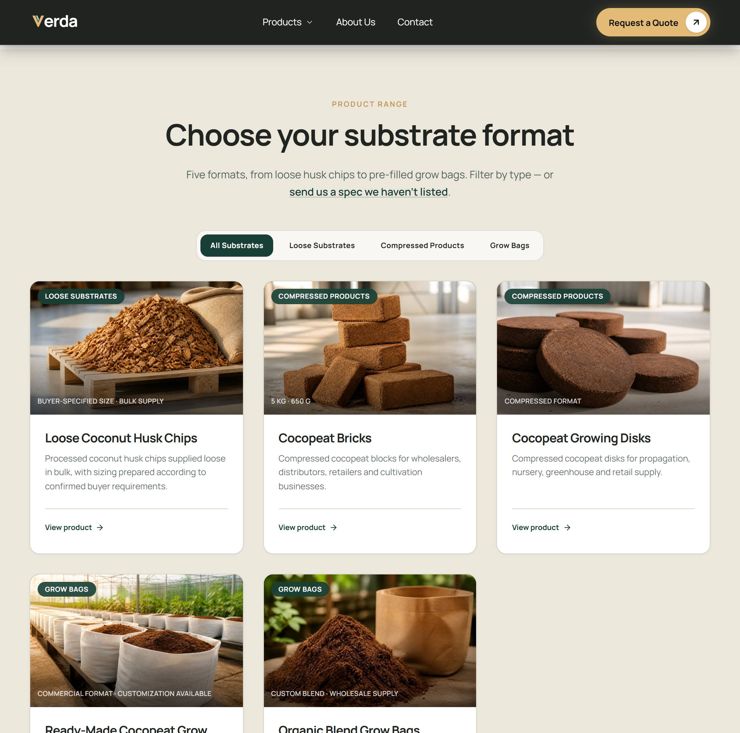 The product range page: the five coir formats as cards, each with its own name, description and route.