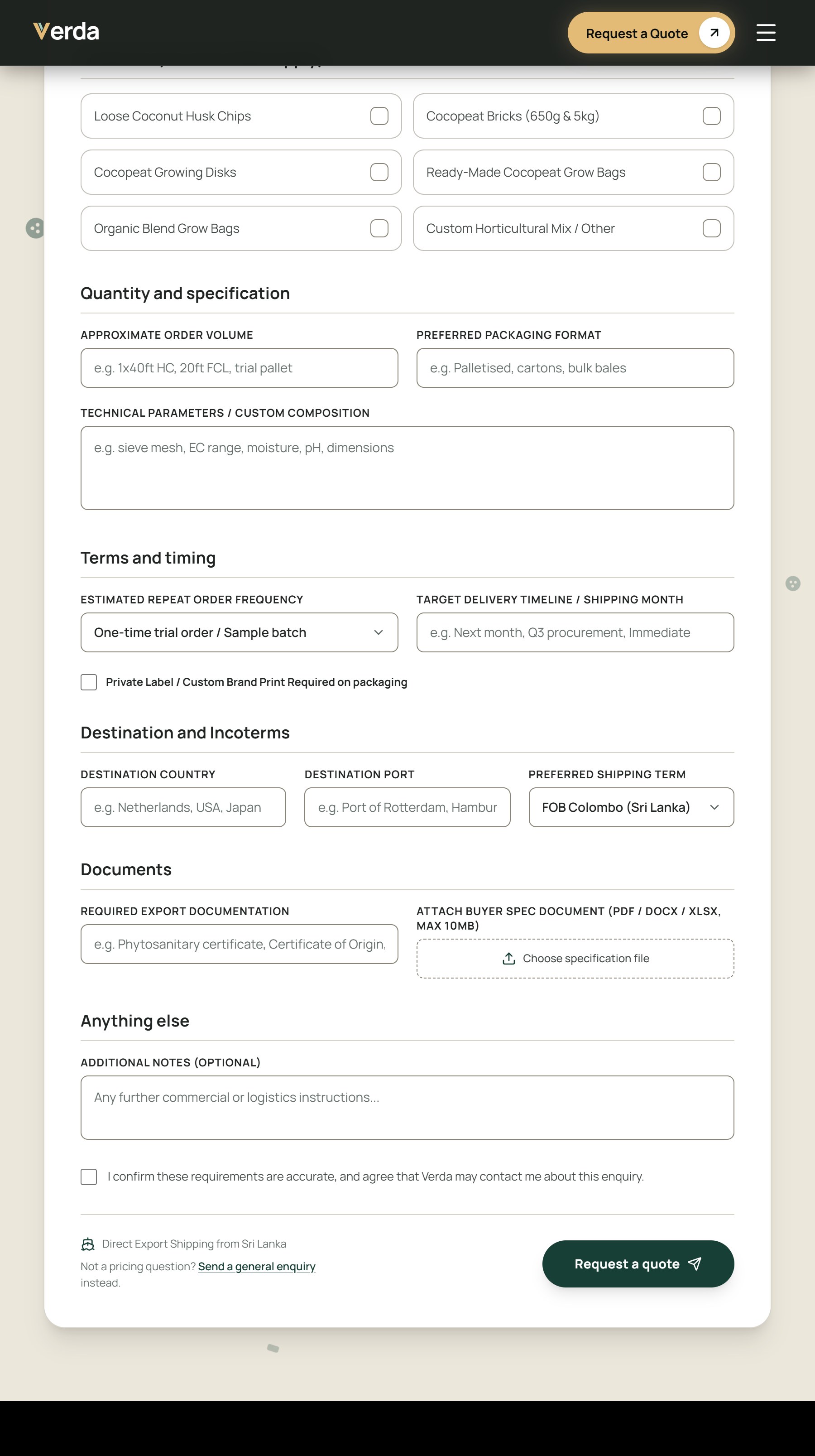 The lower half of the quote form: order volume, packaging format and technical parameters, then destination country, port and Incoterm, then export documentation and a spec file upload.